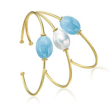 Mazza Co 18k Yellow Gold Aquamarine and Fresh Water Pearl Stackable Bracelets