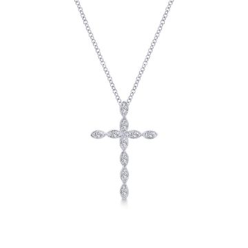 14K White Gold Segmented Diamond Cross Necklace