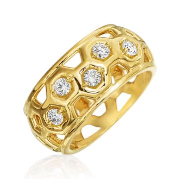 Gumuchian Honeybee "B" 18k Gold Diamond Honeycomb Small Dome Ring